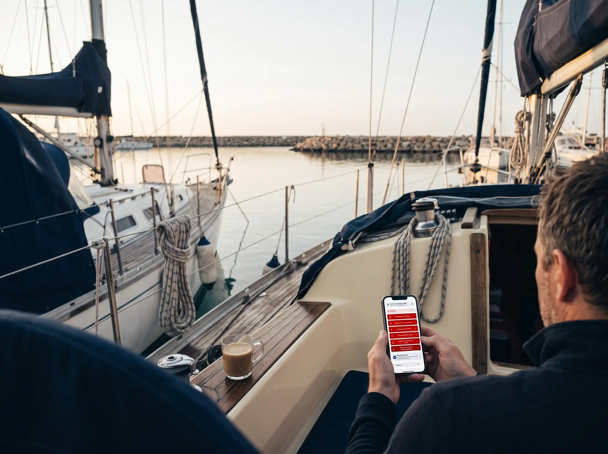 Early morning in a marina: a skipper in the cockpit with a coffee, setting up Skipper up on a phone