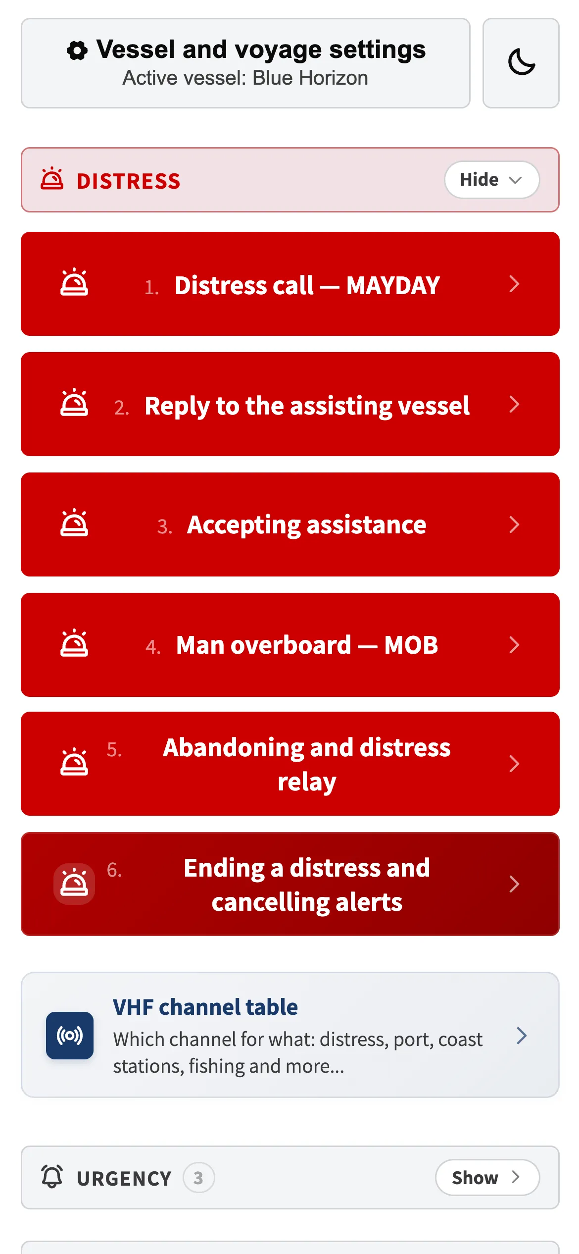 The Skipper up home screen with the red distress calls listed